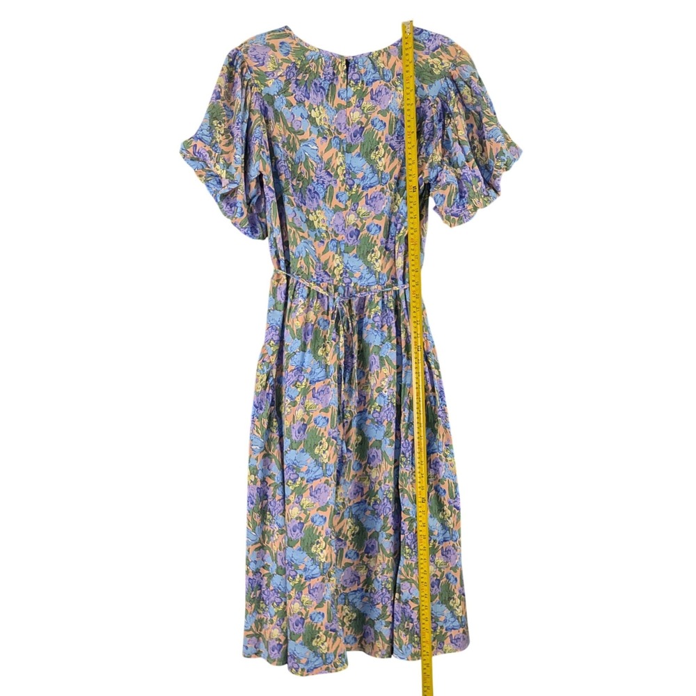 AnnieWear Hattie Los Angeles Floral Cotton‎ Puff Sleeve Midi Dress Blue L